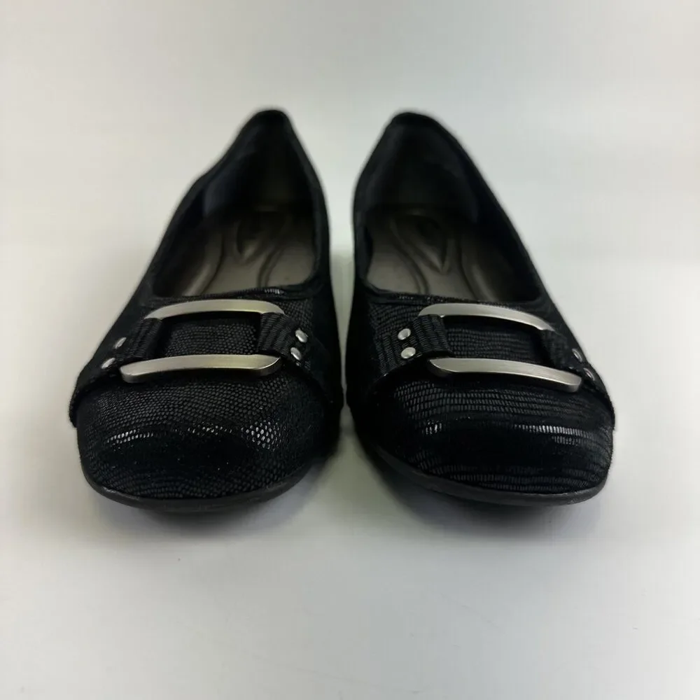 Trotters Sizzle Signature Ballet Flat Slip On Black Leather Buckle Womens 9.5 W